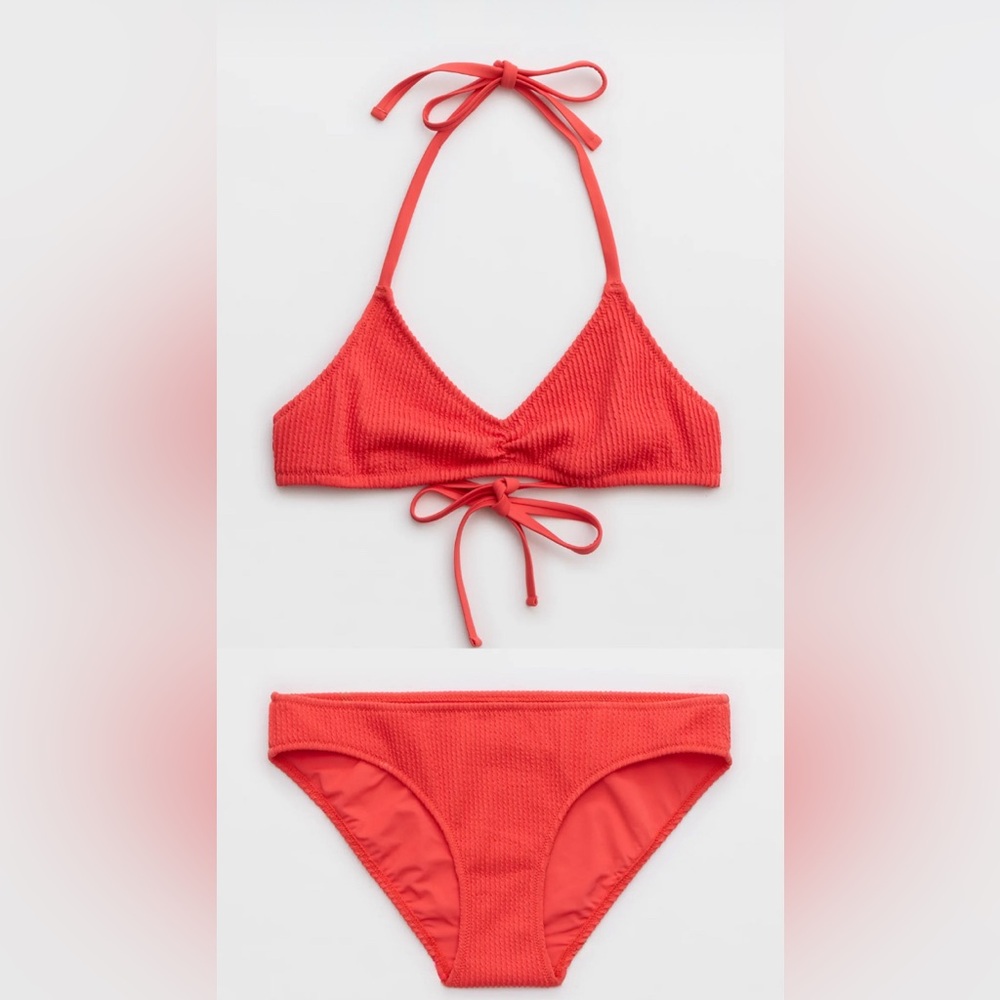 NWT Aerie FULL SET Crinkle Halter Voop Top + Full Coverage Bottom in Resort Red